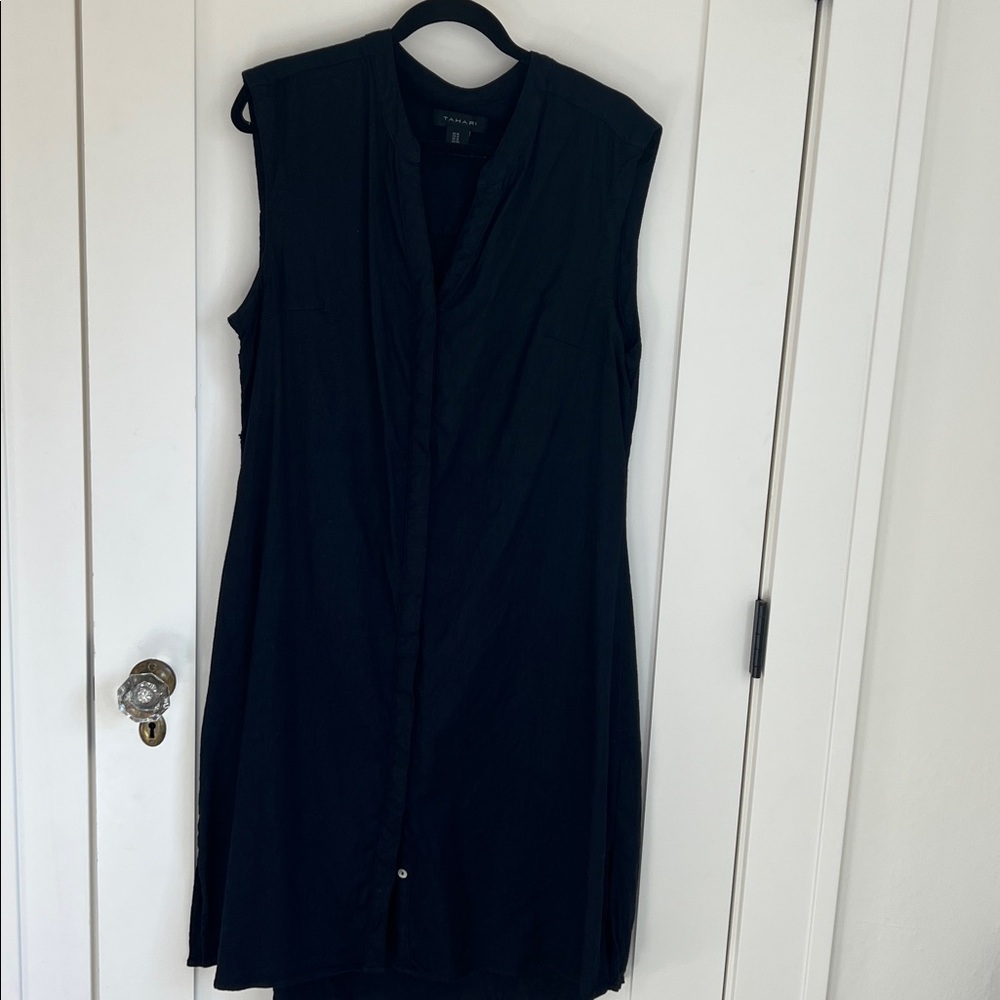 🕶️TAHARI Black Linen Blend Button Front Sleeveless Shift Dress Size 14 - Picture 3 of 8